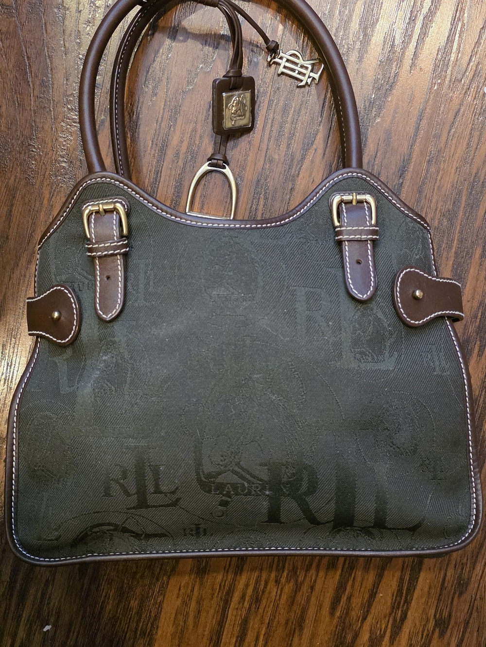 Ralph Lauren Dark Green Logo Jacquard Tote with Brown Leather Trim